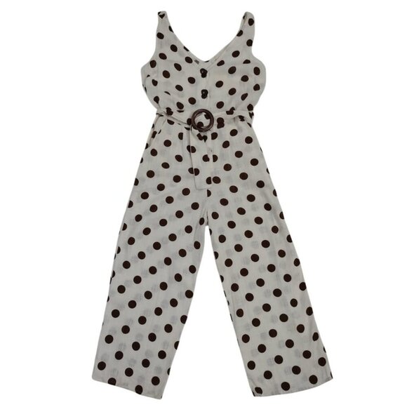 Monteau Los Angeles Polka Dot Sleeveless Jumpsuit With Belt In White & Brown. - Picture 1 of 10